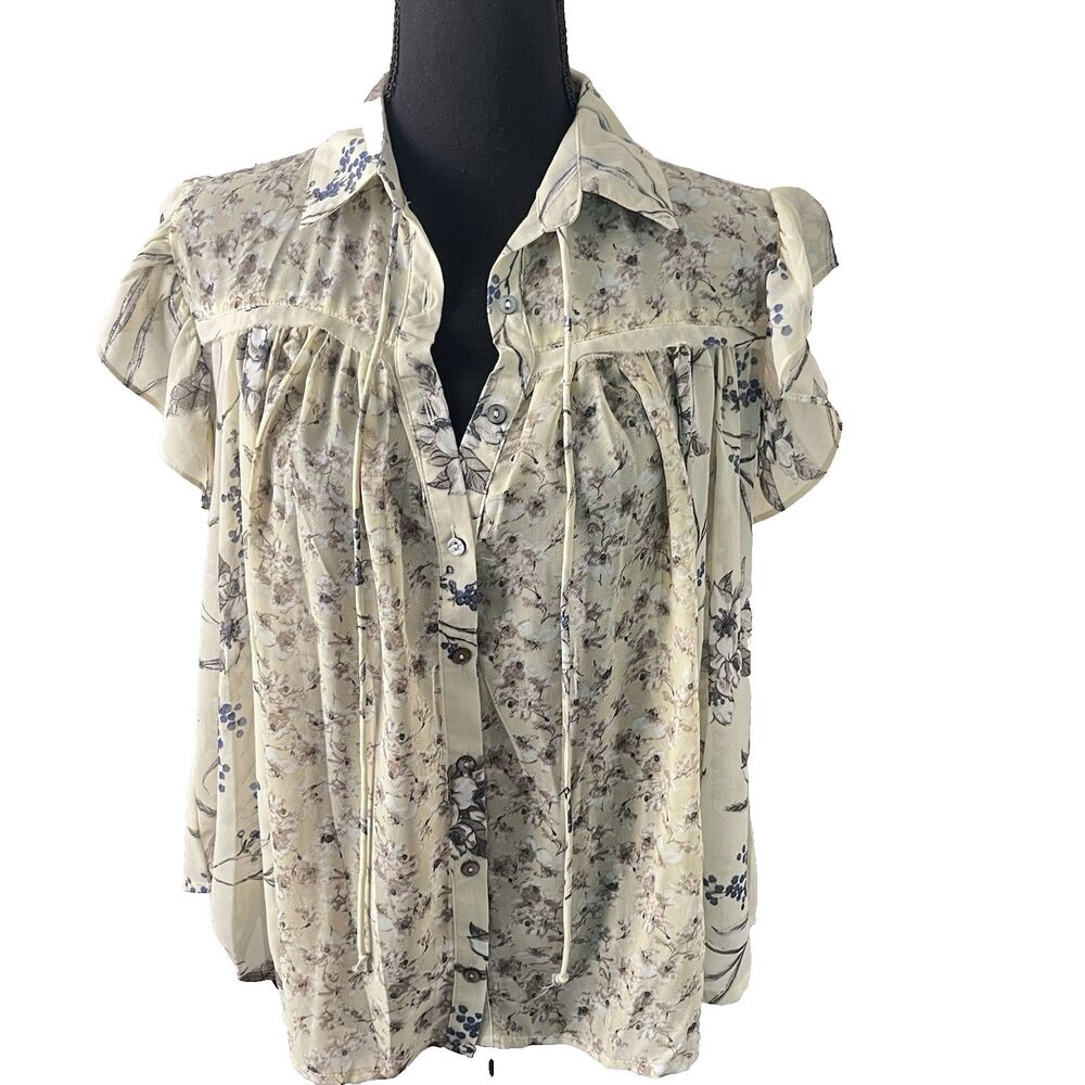 She + Sky Floral Button Down Flutter Sleeve Collared Neck Tie Blouse‎  Small
